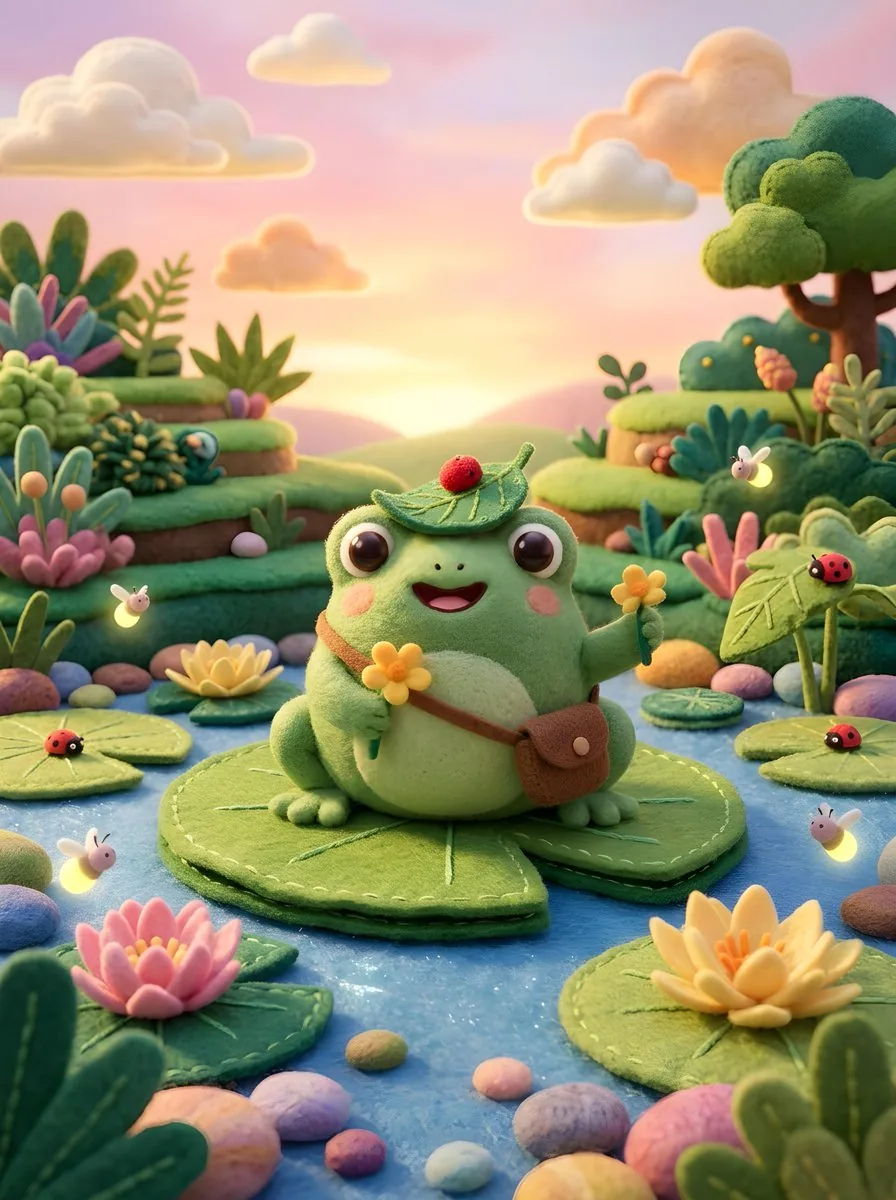 Example image for the Cute Felt Frog Scene prompt