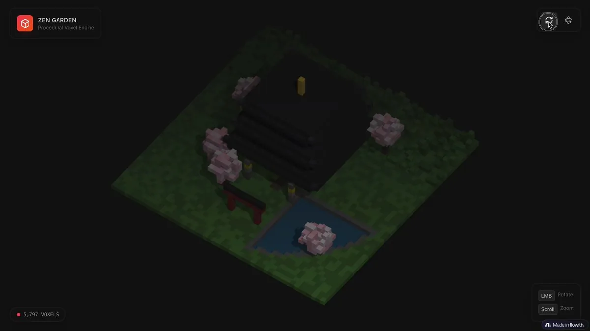 Example image for the Voxel-art pagoda garden single-file HTML scene prompt