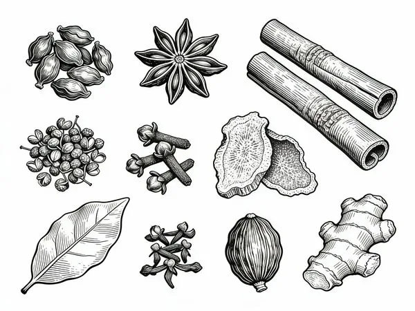 Example image for the Line Art of Traditional Chinese Seasoning Herbs prompt