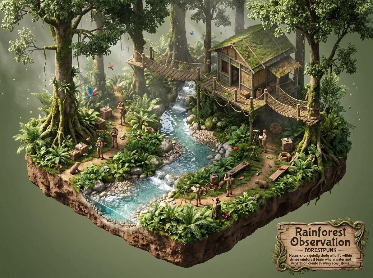 Example image for the Forestpunk Miniature Rainforest Research Station prompt