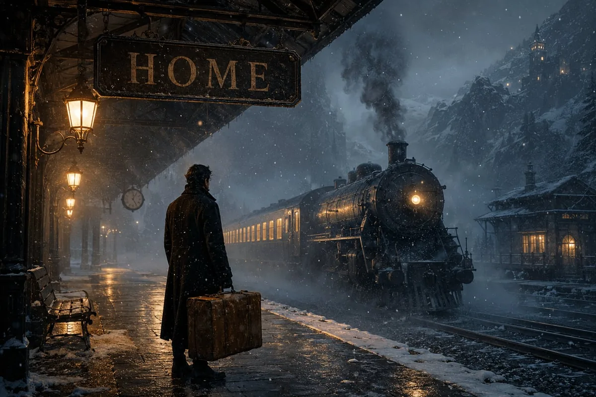 Example image for the Ghost Train at a Foggy Mountain Station prompt