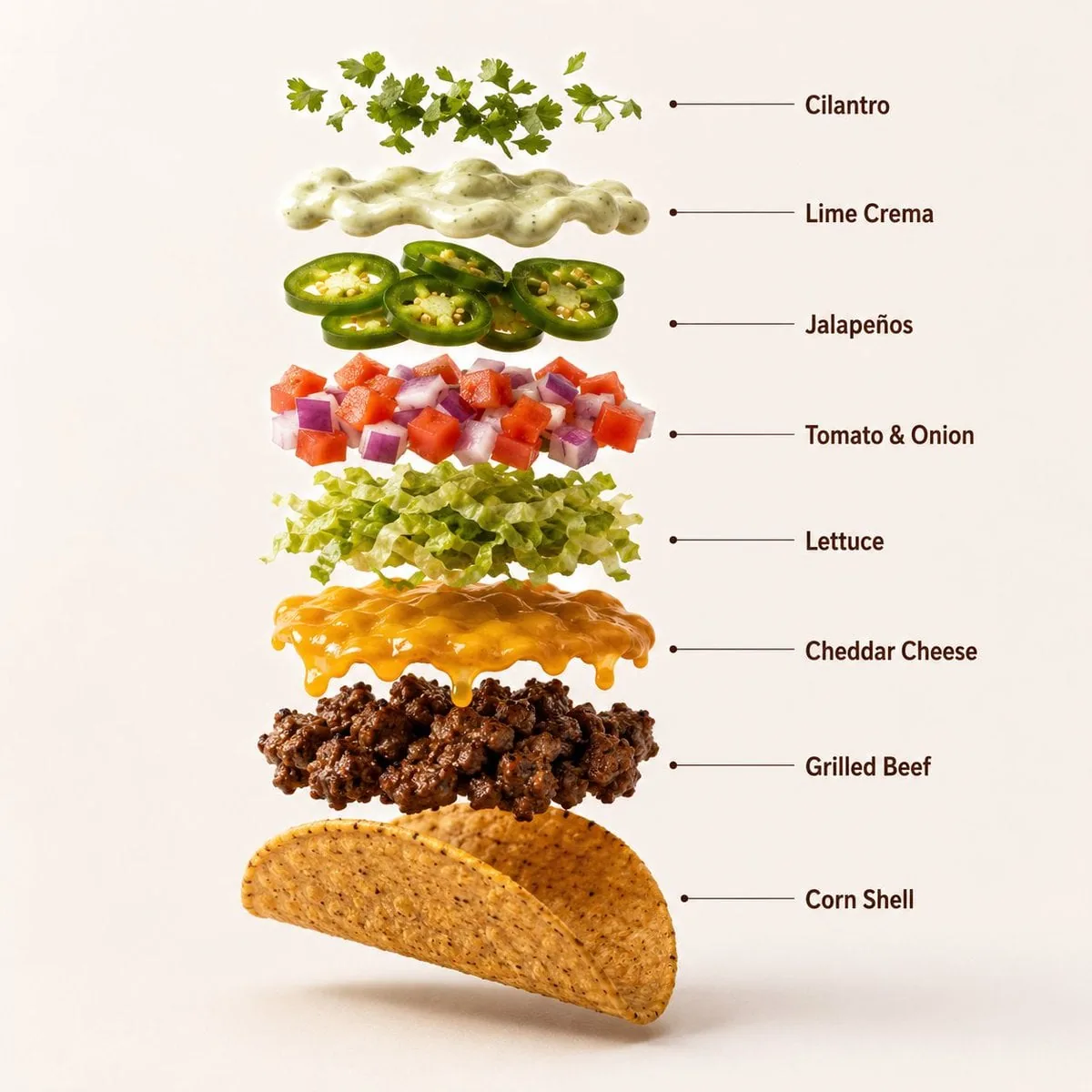 Example image for the Exploded Loaded Beef Taco Ingredient Infographic prompt