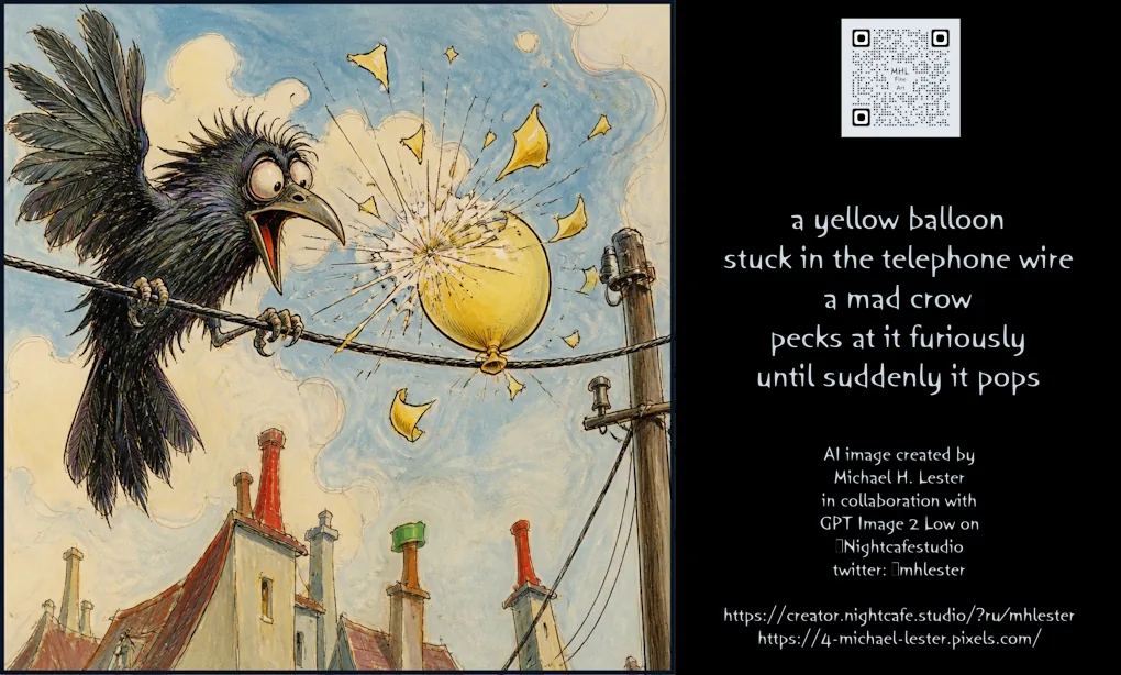 Example image for the Mad Crow Popping Yellow Balloon prompt