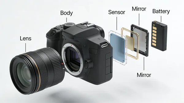 Example image for the Exploded View DSLR Camera Illustration prompt