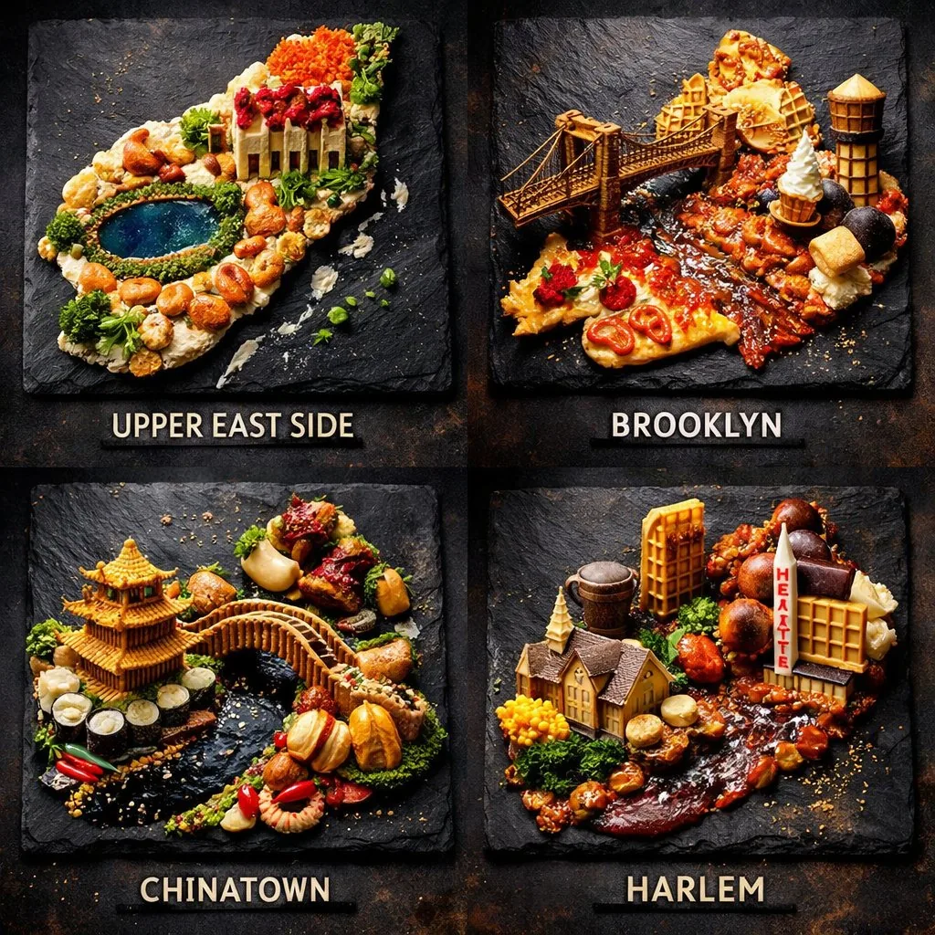 Example image for the Extreme Food Art Grid of New York Neighborhoods prompt