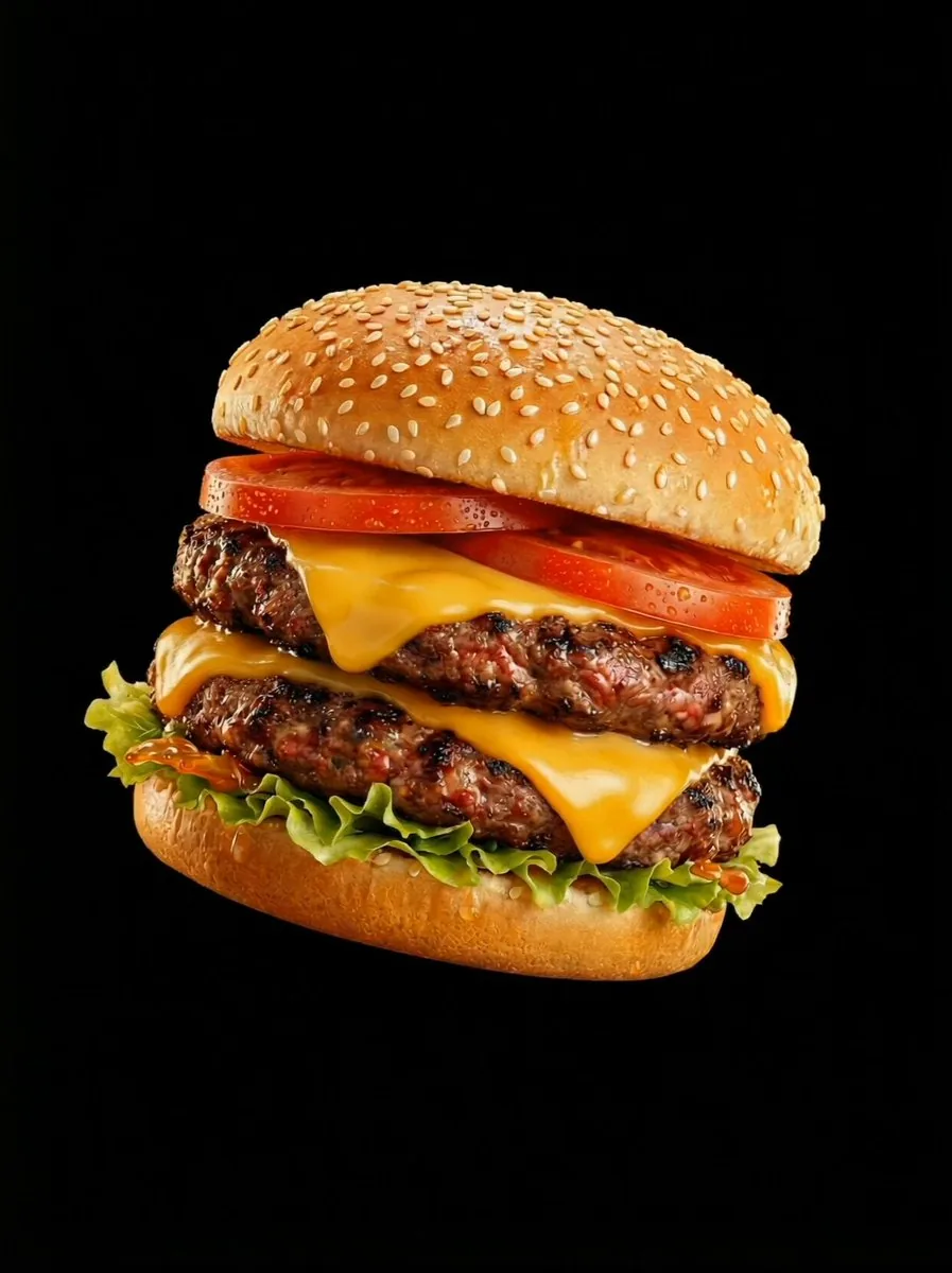 Example image for the Cinematic Floating Double Beef Cheeseburger Ad prompt