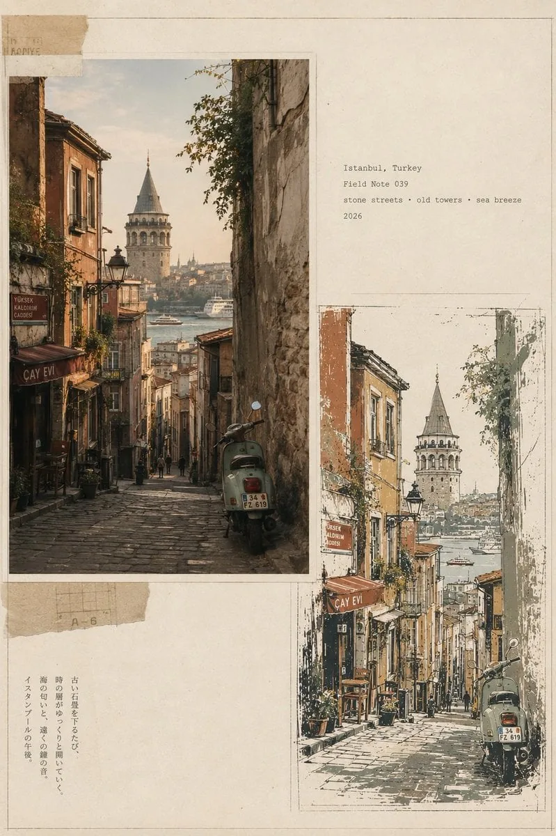 Example image for the Vintage Travel Journal Collage of Four Cities prompt