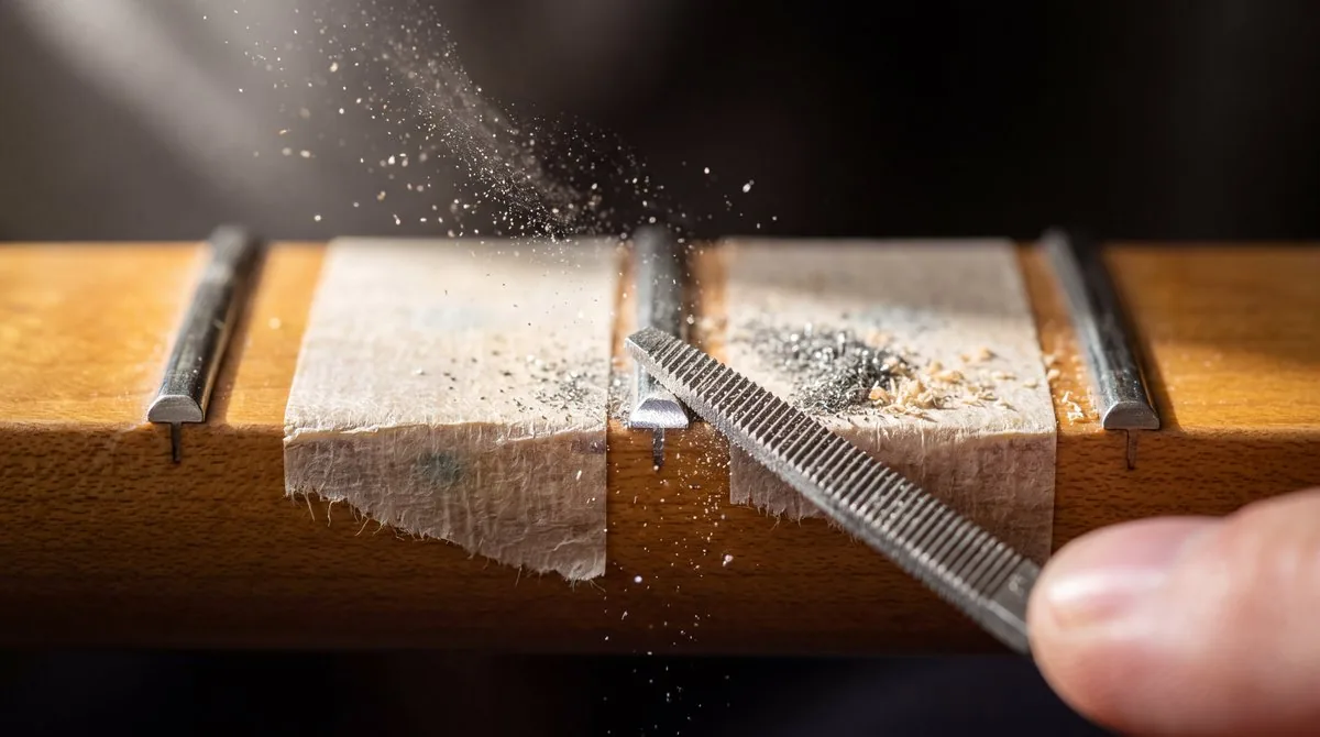 Example image for the Macro Guitar Fret Dressing prompt