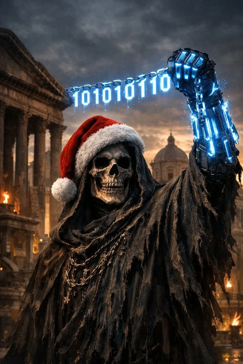 Example image for the Grim Reaper in Santa Hat Over a Roman City prompt