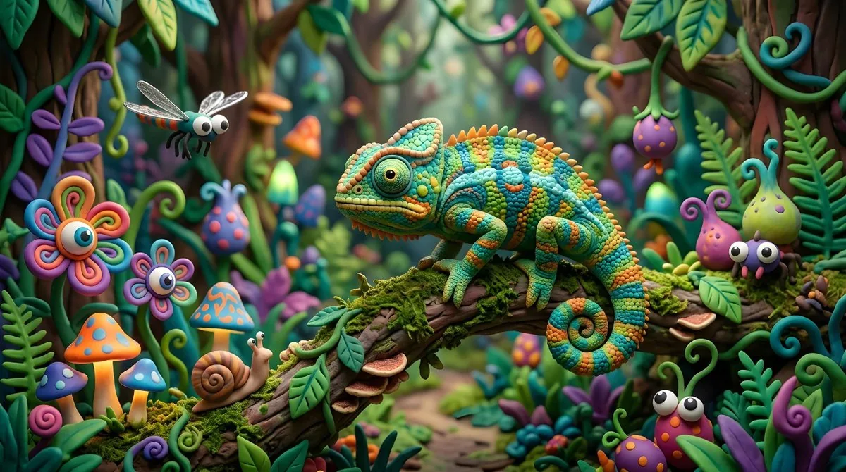 Example image for the Whimsical Claymation Chameleon Scene prompt