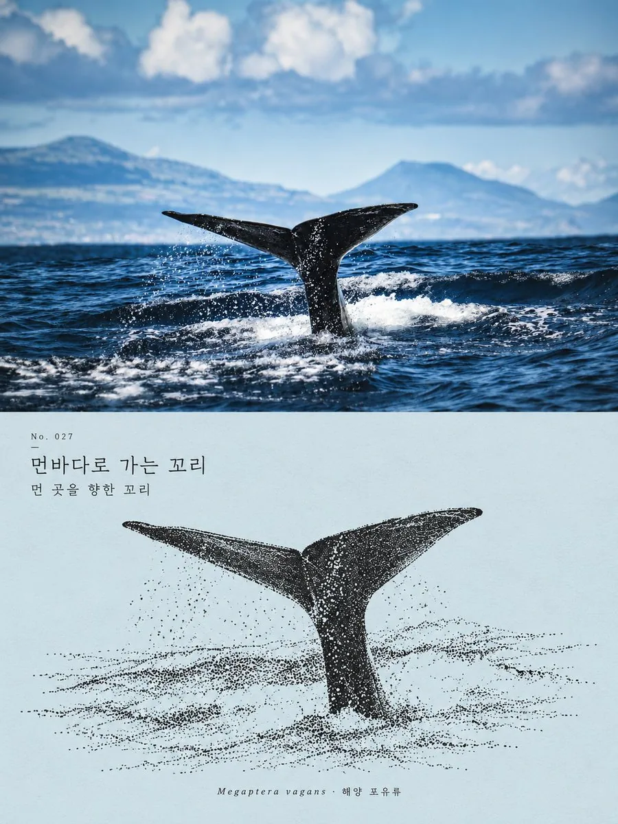 Example image for the Whale Tail Photo & Ink Illustration Diptych prompt