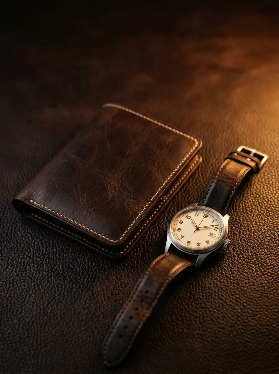 Example image for the Leather Wallet and Watch Luxury Still Life prompt
