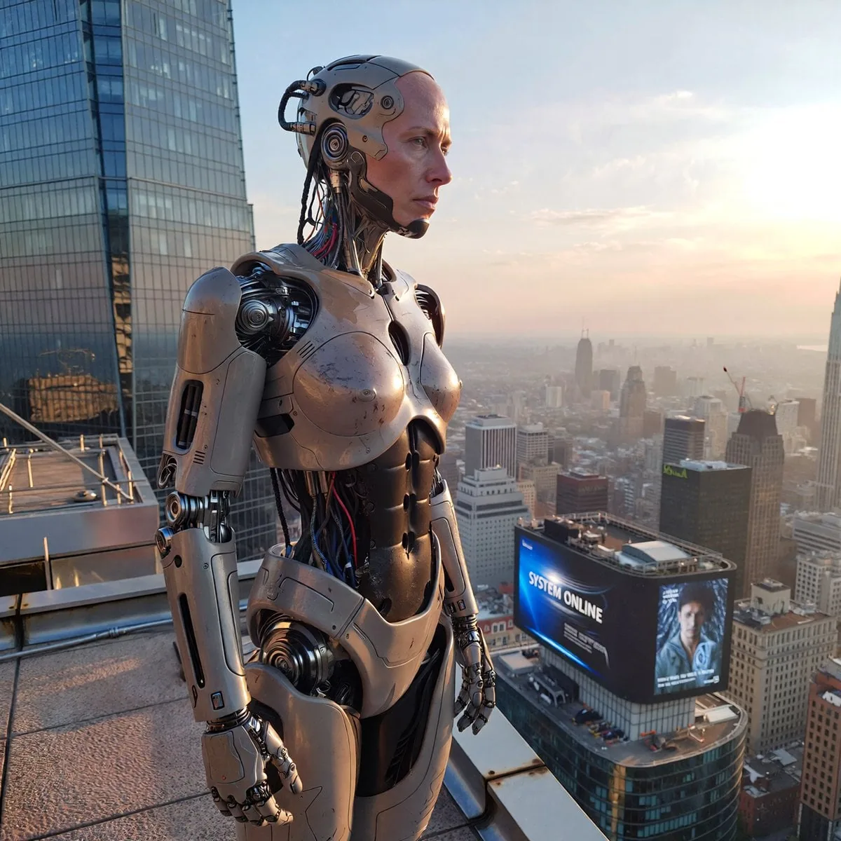 Example image for the Humanoid Robot on a City Rooftop at Dawn prompt