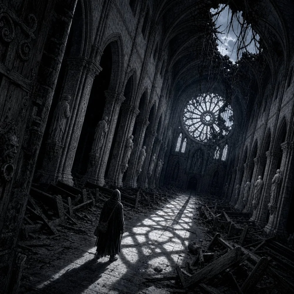 Example image for the Hooded Traveller in Ruined Cathedral prompt
