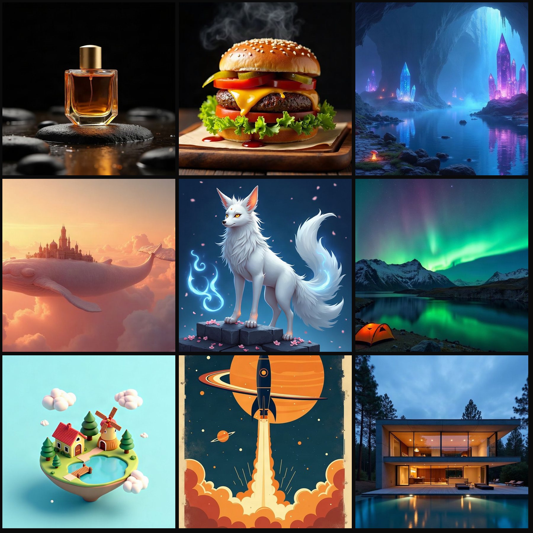 A 3x3 collage of nine example outputs from the Image Prompt Vault: perfume bottle, burger, crystal cavern, sky whale, fox spirit, aurora lake, isometric island, space poster and modern house